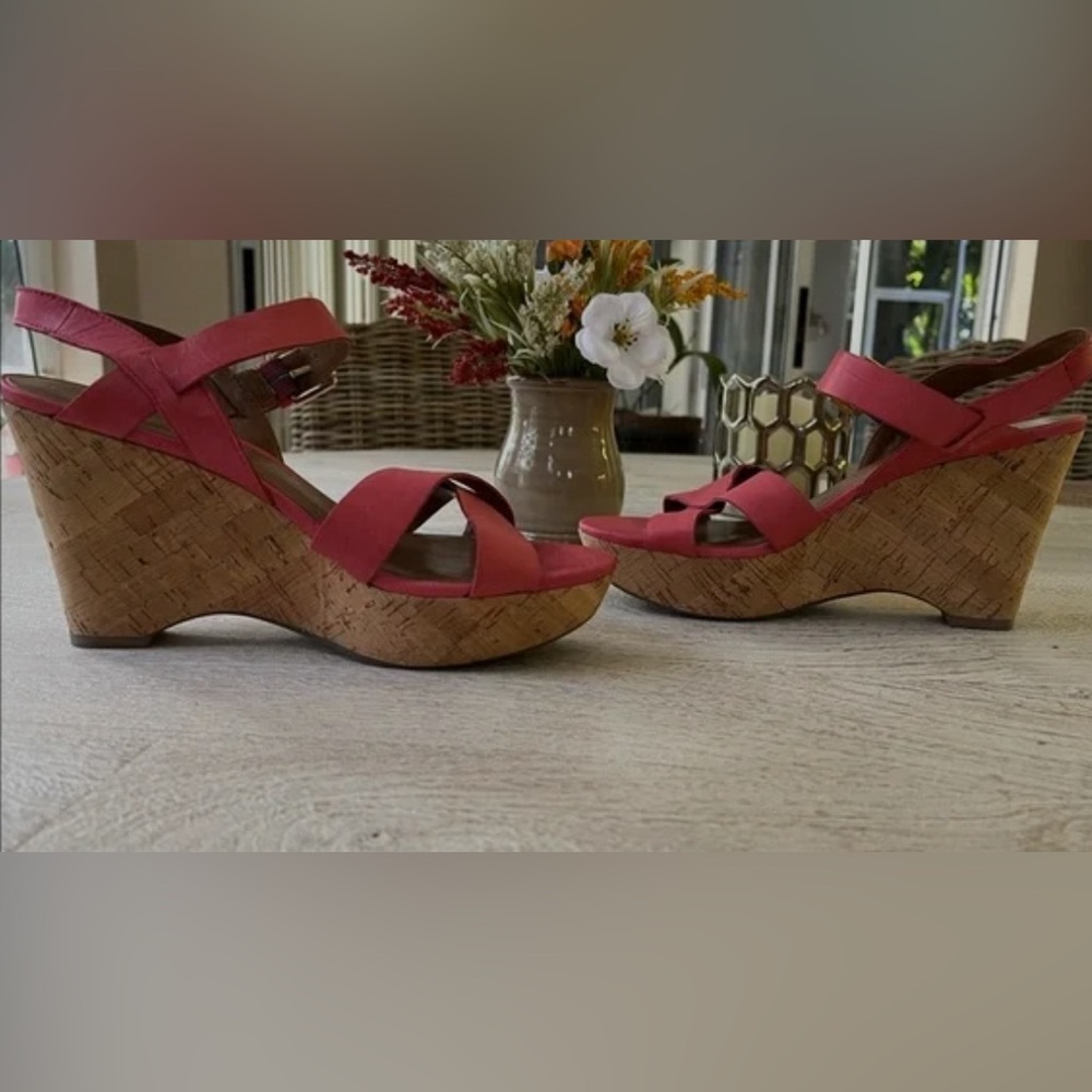 Franco Sarto wedge sandals in coral.